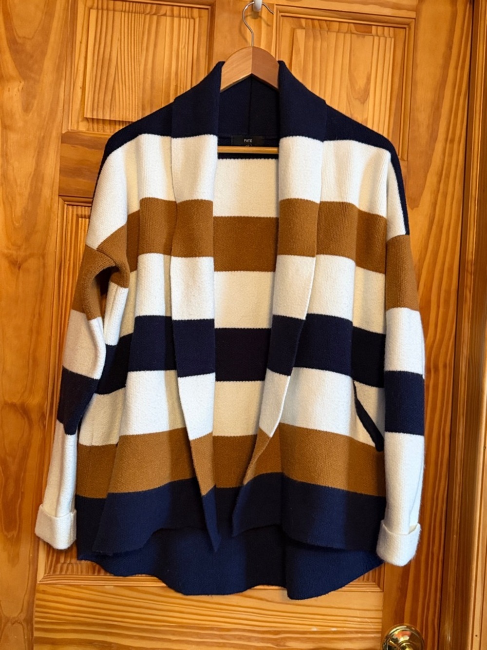 Fate Striped Open Cardigan in Navy, White & Brown
